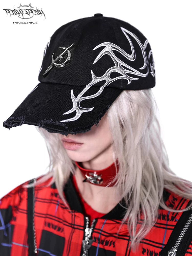 PINKSPINK ELECTRIC MOON black-red racing cap — cleaned hero collage showing the complete design