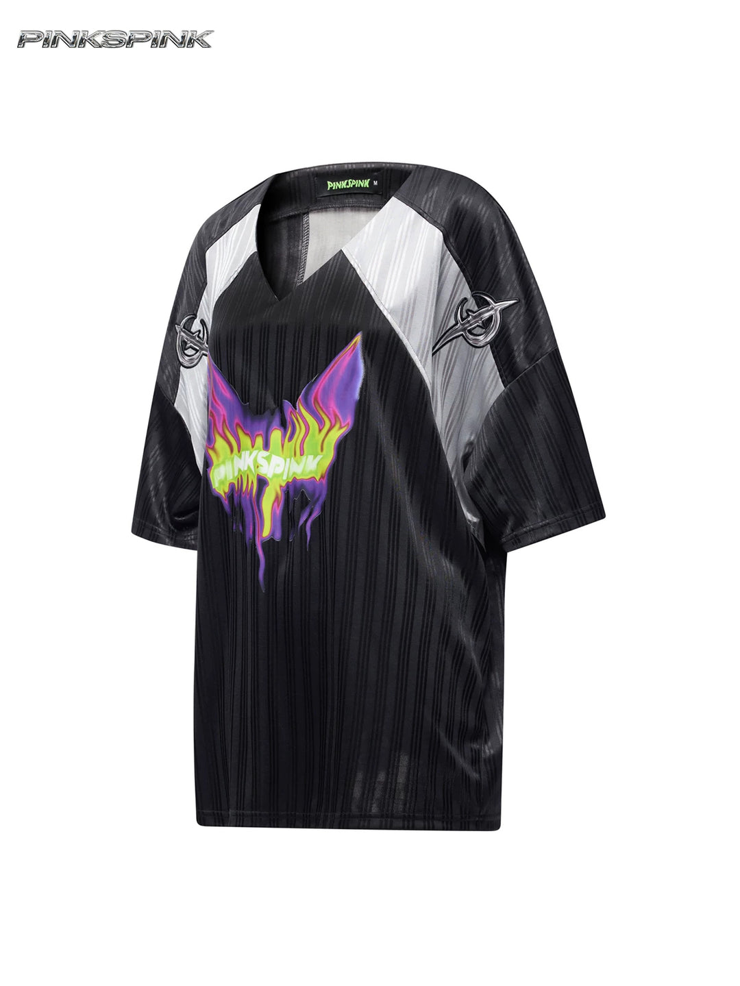 PINKSPINK FLAMECAT oversized sports jersey in black and gray — isolated angled garment view showing striped fabric and shoulder panels