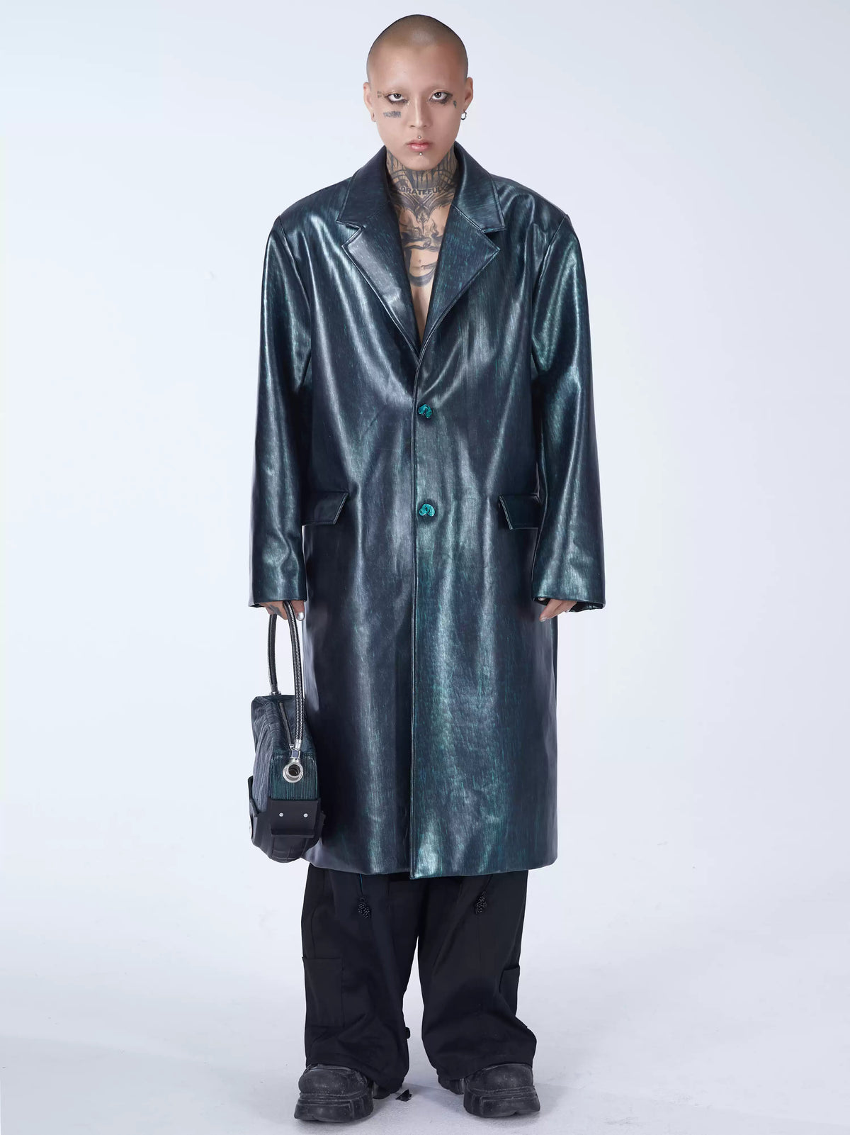 EMBRYO MATRIX buckle PU leather trench coat — alternate front modeled view