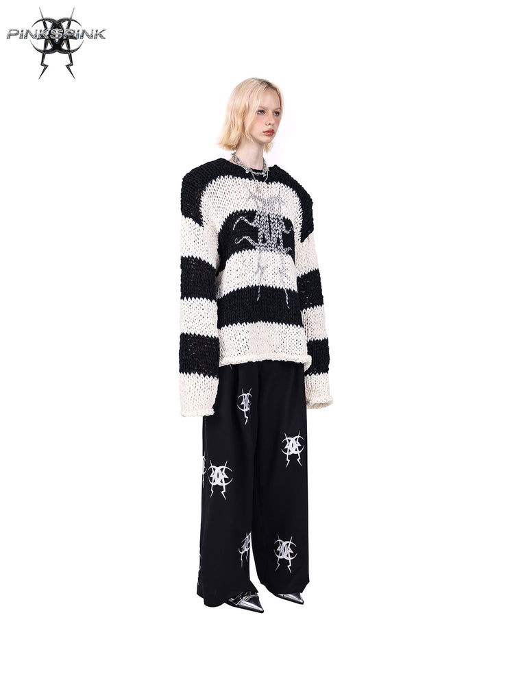 PINKSPINK MIRROR striped open-knit padded-shoulder sweater in black white stripes — opposite-angle modeled view without the matching balaclava