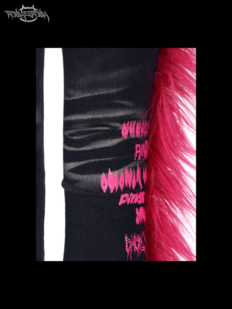 PINKSPINK BARBIE faux-fur flared jeans in PINK — washed whiskering and printed-leg detail.