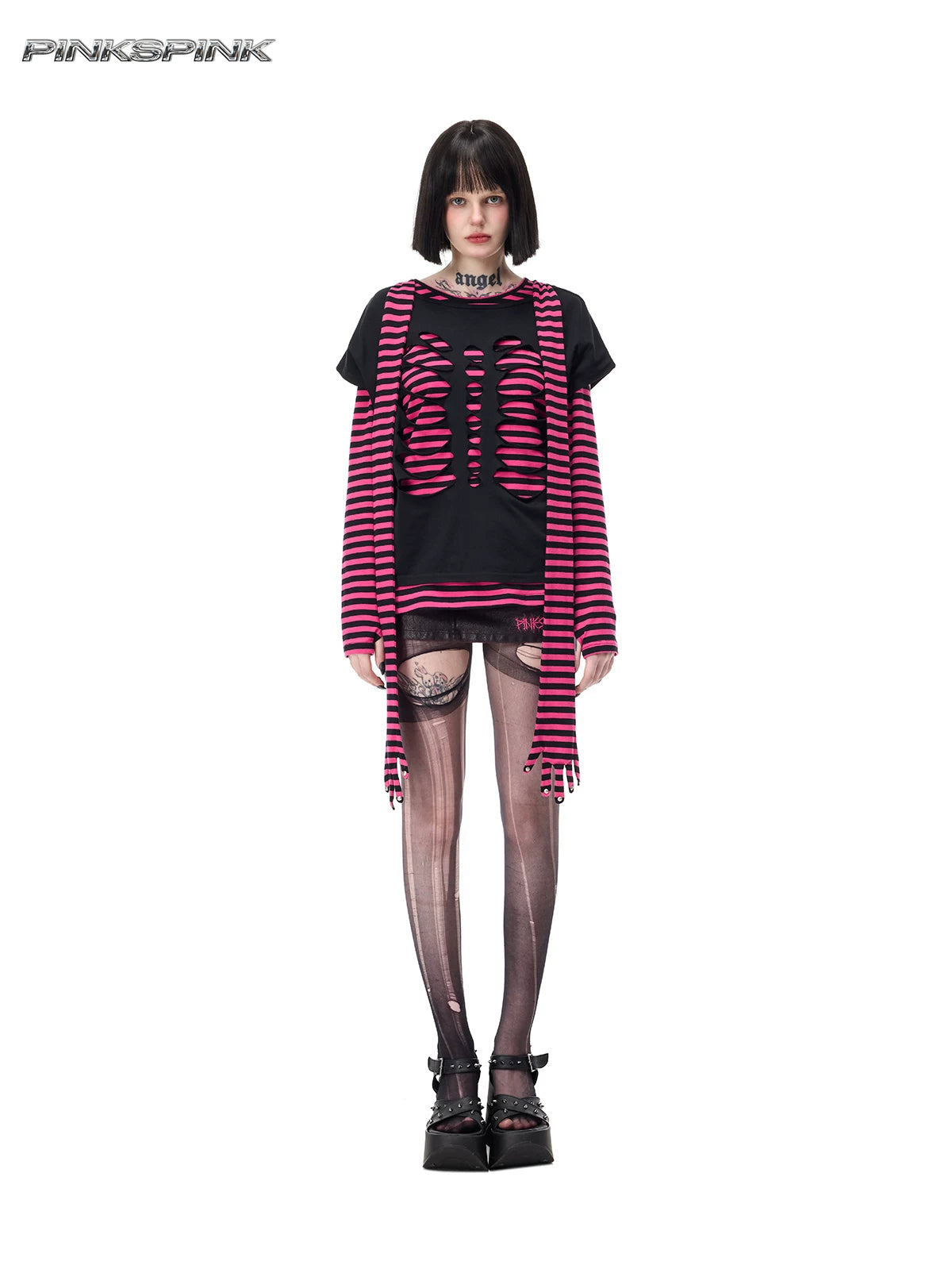 PINKSPINK CATACOMB reversible cat-skull tee in black — full-length cutout face layered over a separate pink striped tee