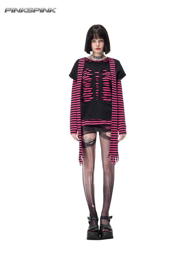 PINKSPINK CATACOMB reversible cat-skull tee in black — full-length cutout face layered over a separate pink striped tee