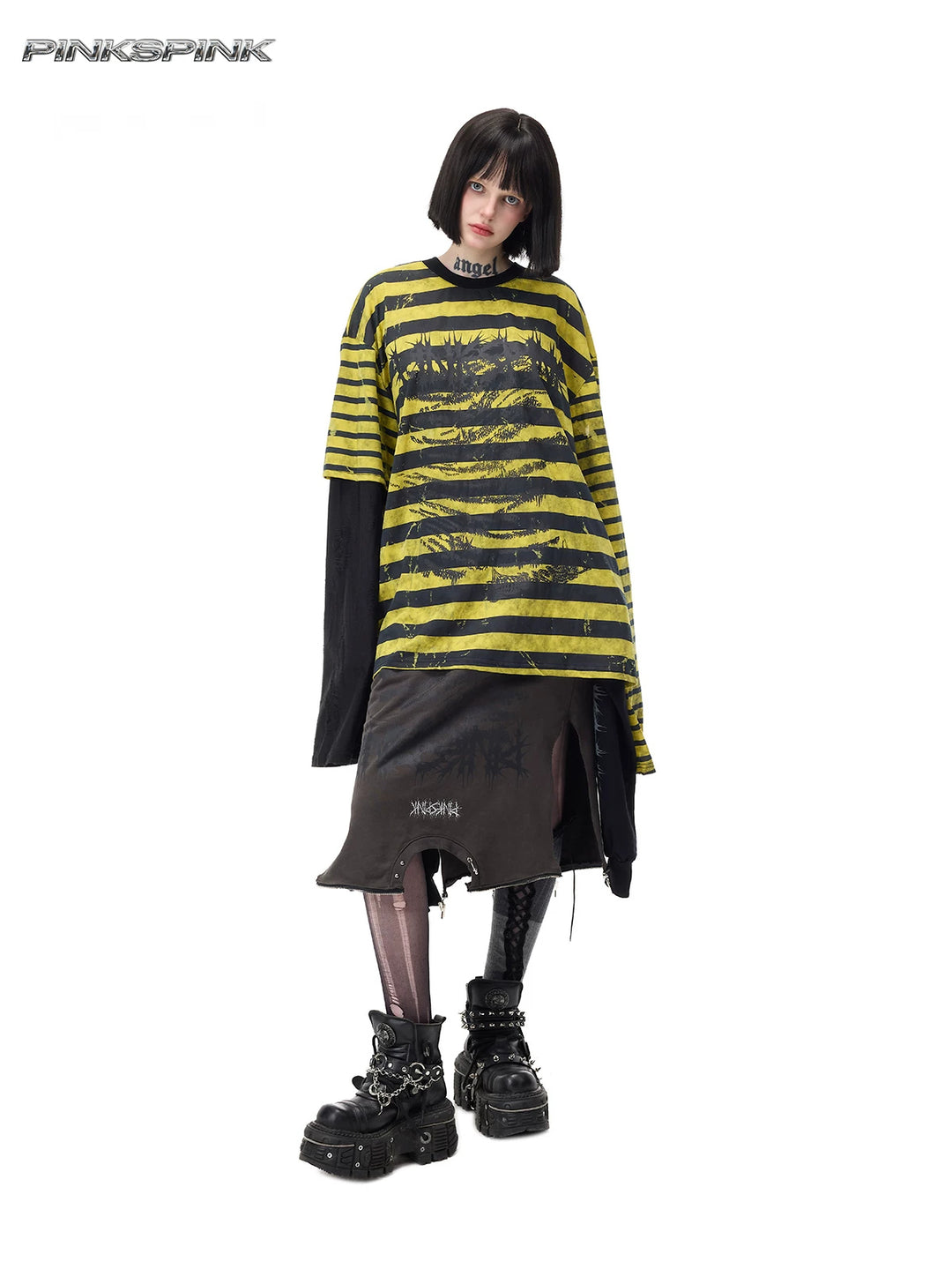 PINKSPINK STATIC asymmetric striped burnout long-sleeve tee in black and yellow — full-length front modeled view with the asymmetric sleeves over a separate dark skirt