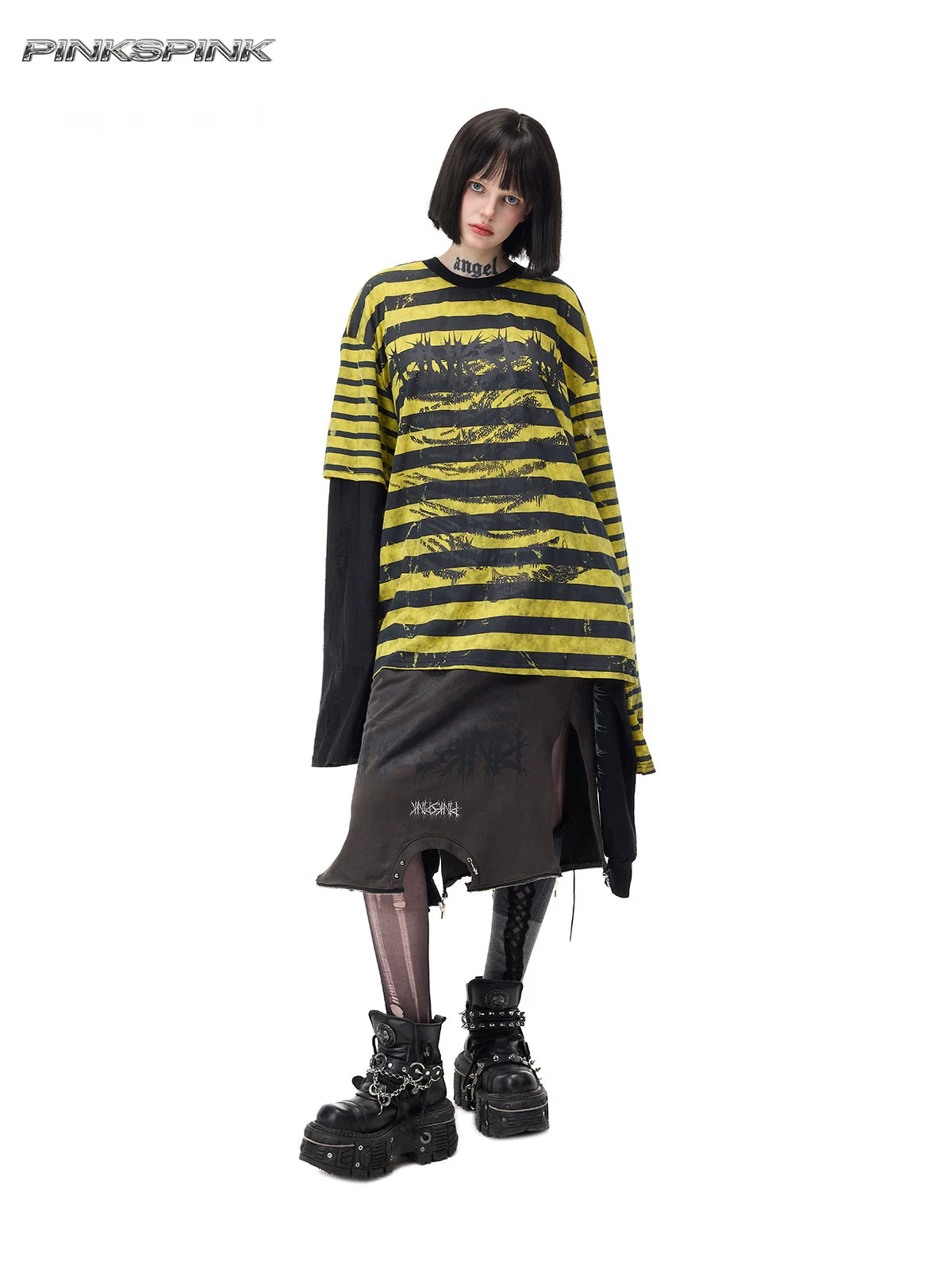 PINKSPINK STATIC asymmetric striped burnout long-sleeve tee in black and yellow — full-length front modeled view with the asymmetric sleeves over a separate dark skirt