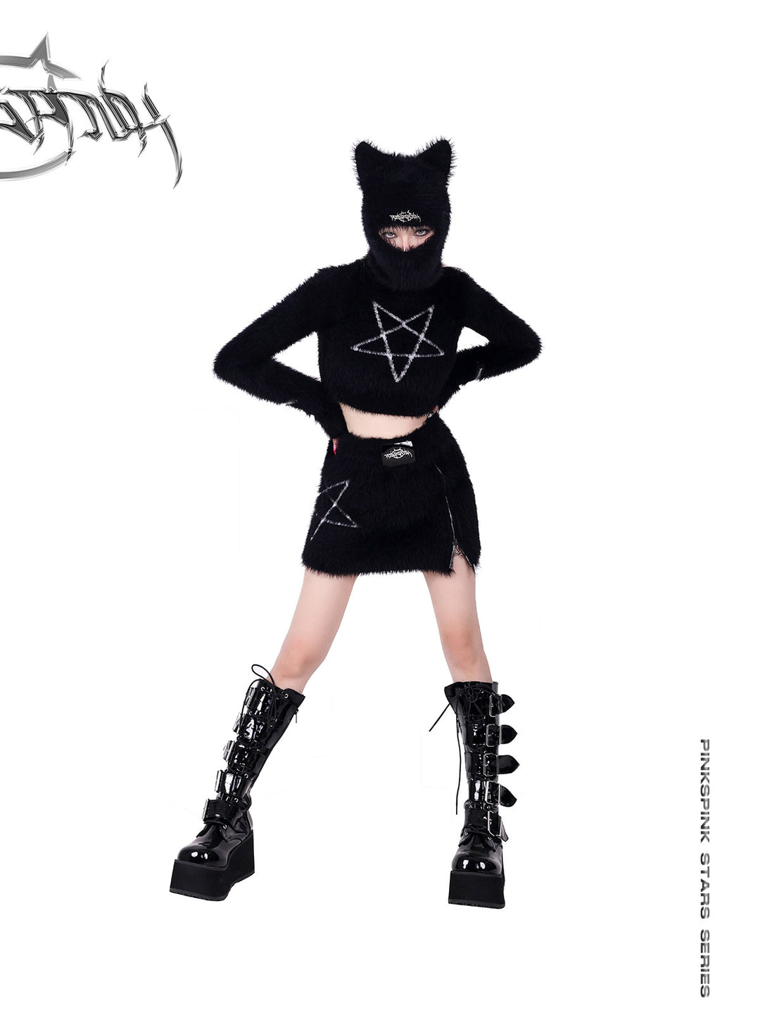 PINKSPINK PENTAGRAM knit crop top / mini skirt — alternate modeled view showing the silhouette