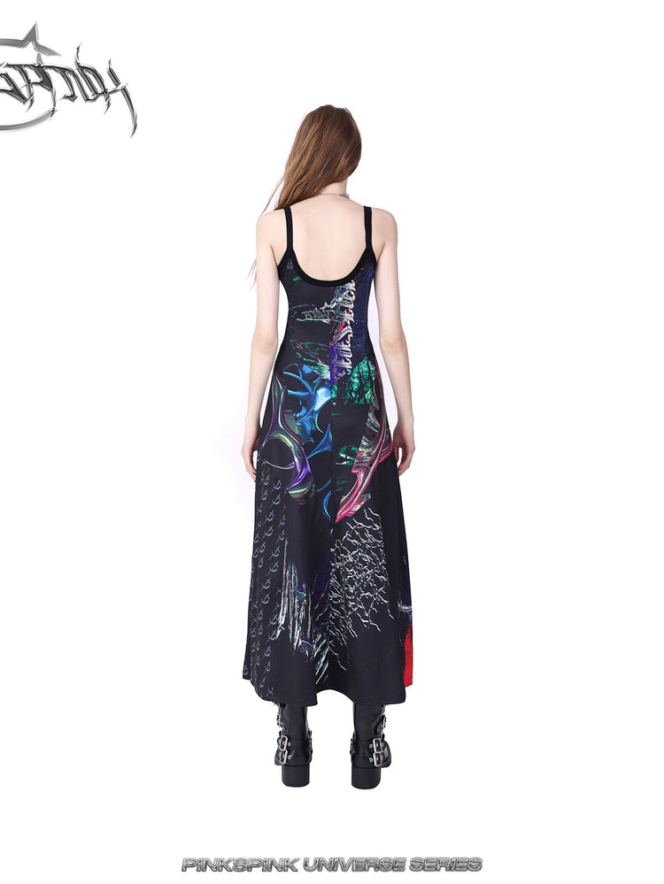 PINKSPINK ELECTRIC MOON layered alloy necklace in silver — rear outfit styling view with a printed slip dress