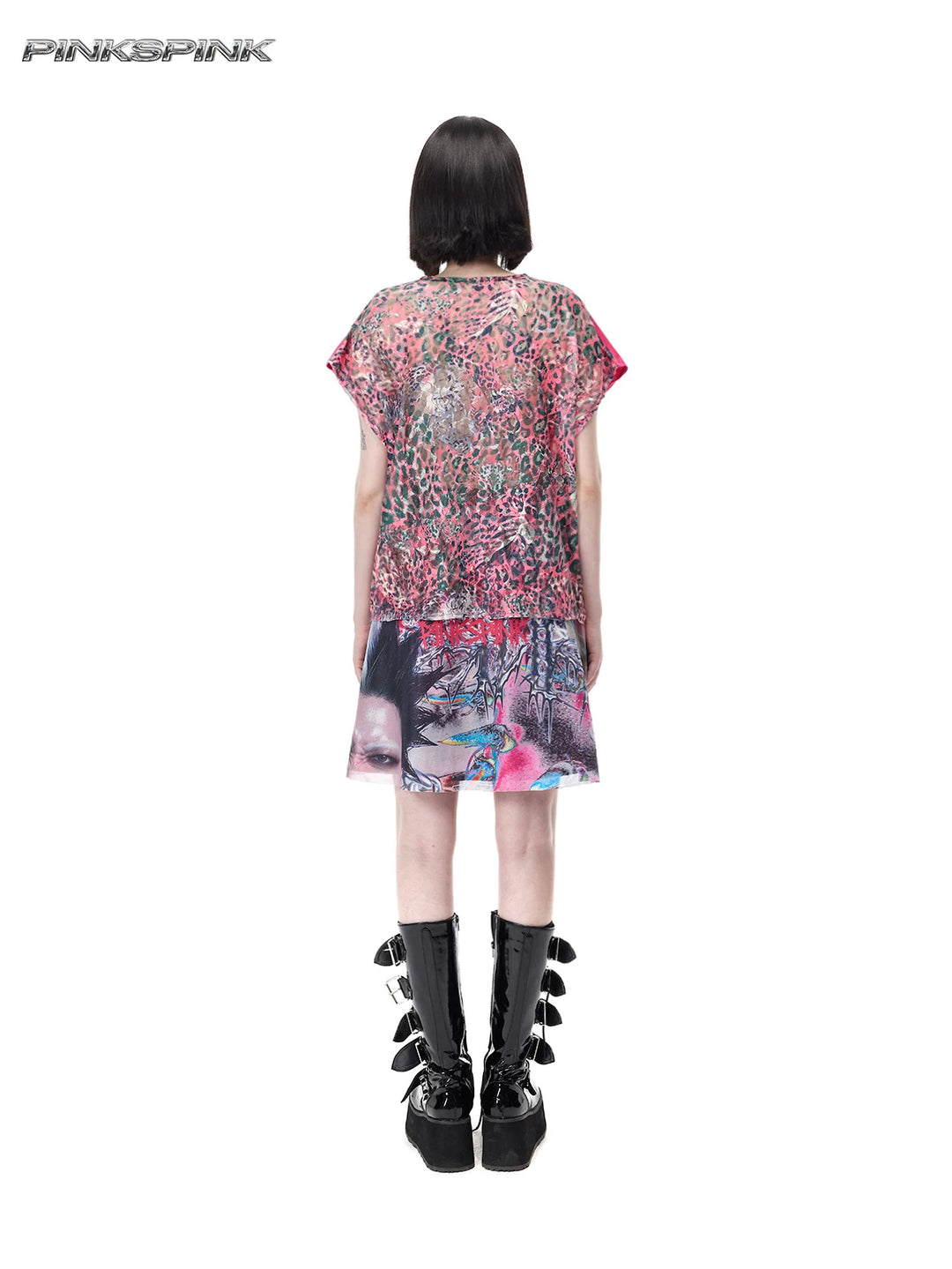 PINKSPINK DEVILCAT leopard-back graphic tee in pink — full-length rear modeled view showing the sheer leopard-print back
