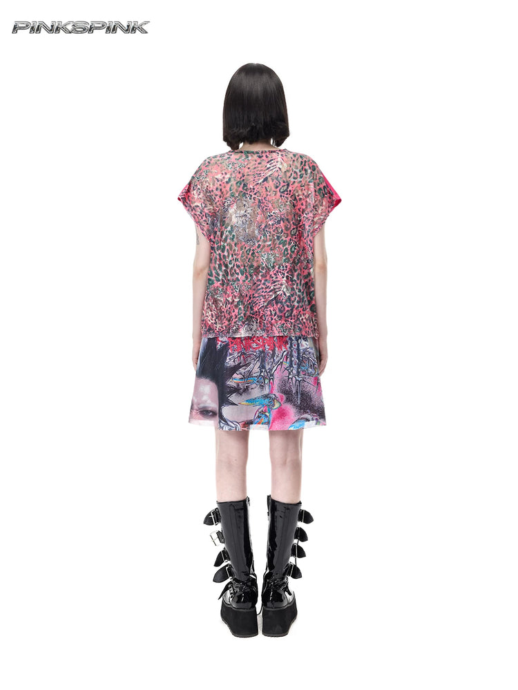 PINKSPINK DEVILCAT leopard-back graphic tee in pink — full-length rear modeled view showing the sheer leopard-print back