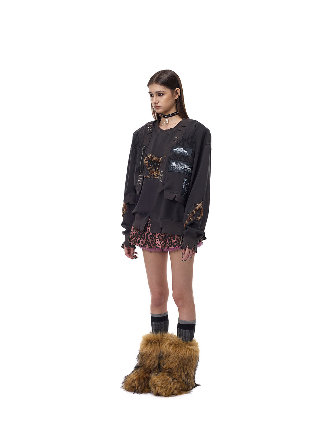 PINKSPINK LEOPARD RIOT two-way layered sweatshirt — three-quarter full-length styling with mini skirt