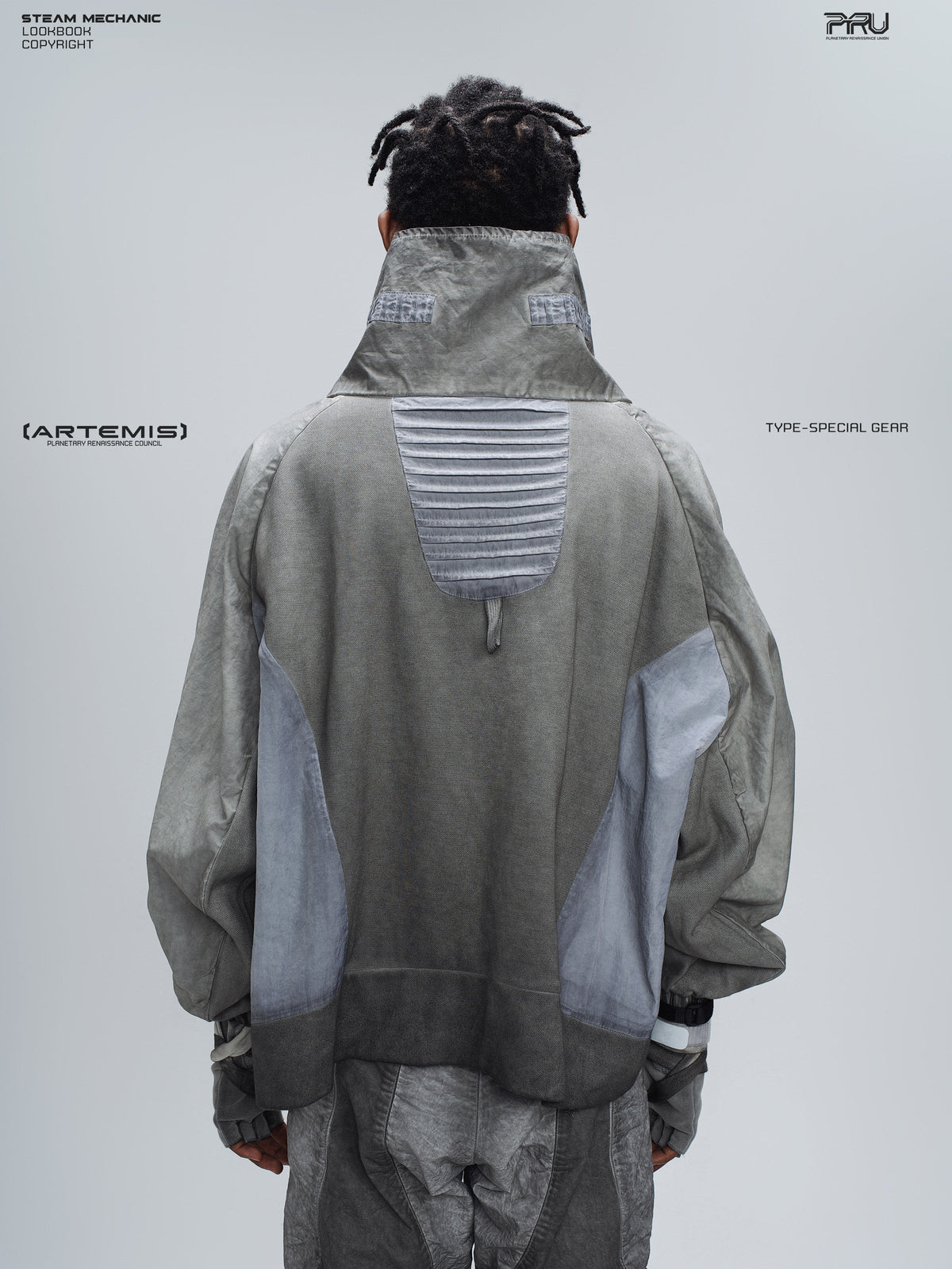 PIONEER moon dust gray detachable-pocket utility hoodie — rear modeled view