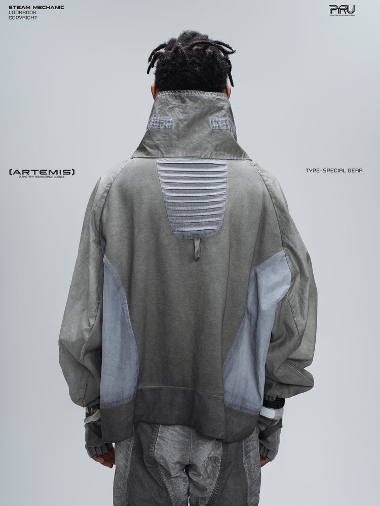 PIONEER moon dust gray detachable-pocket utility hoodie — rear modeled view