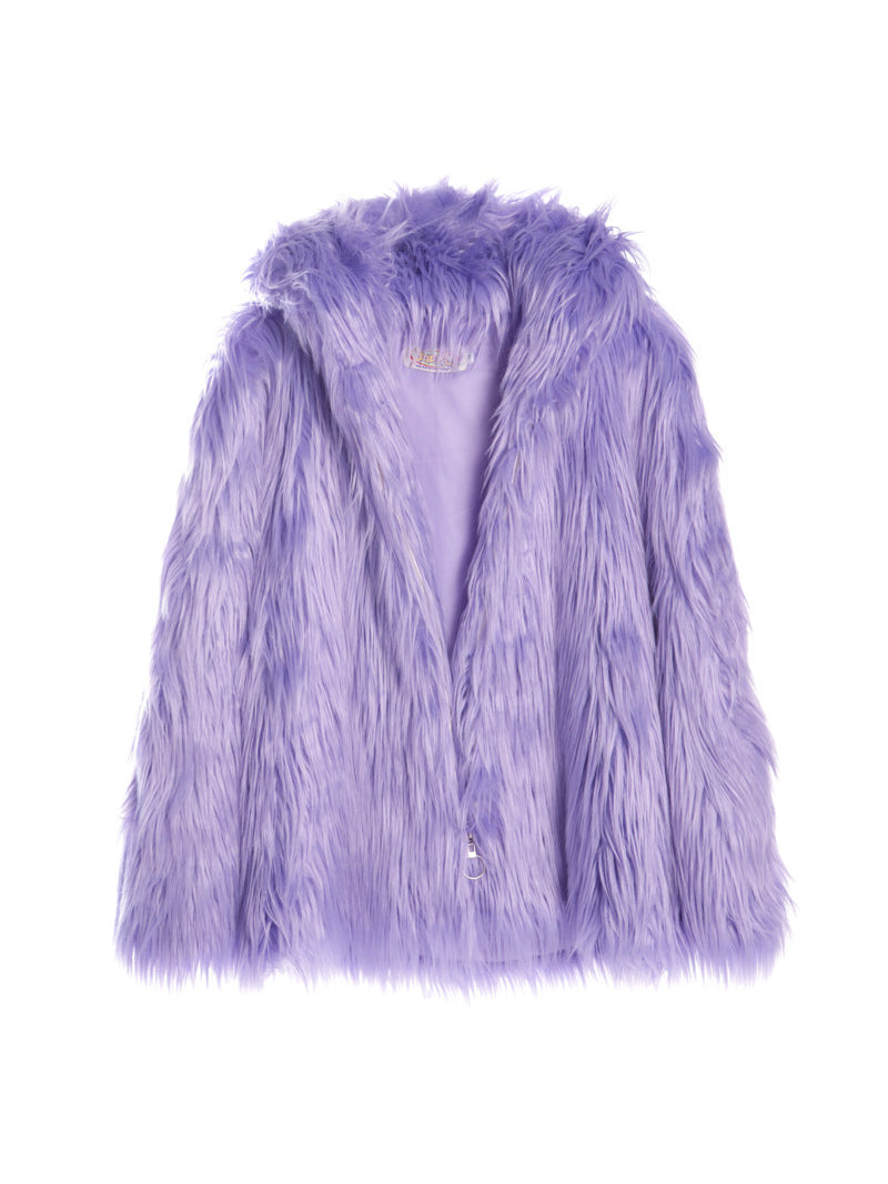 DEADENDKIDS LAVENDER DREAM faux-fur hooded jacket — alternate modeled angle