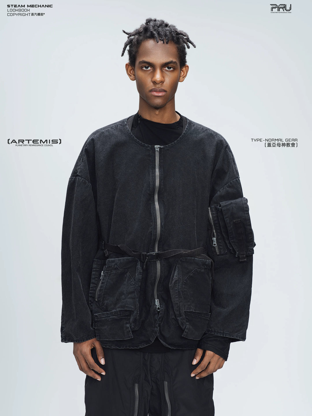 GAIA night black priest zip robe jacket — alternate modeled angle