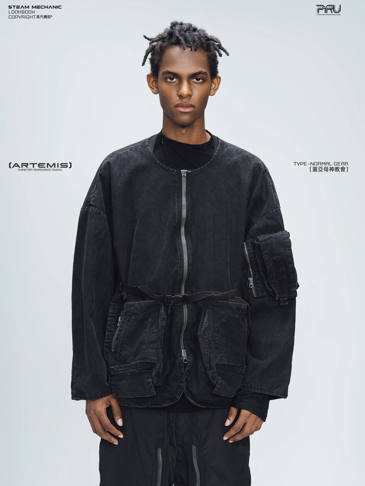 GAIA night black priest zip robe jacket — alternate modeled angle