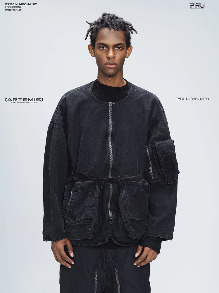 GAIA night black priest zip robe jacket — front modeled view with the zip closed and waist strap fastened