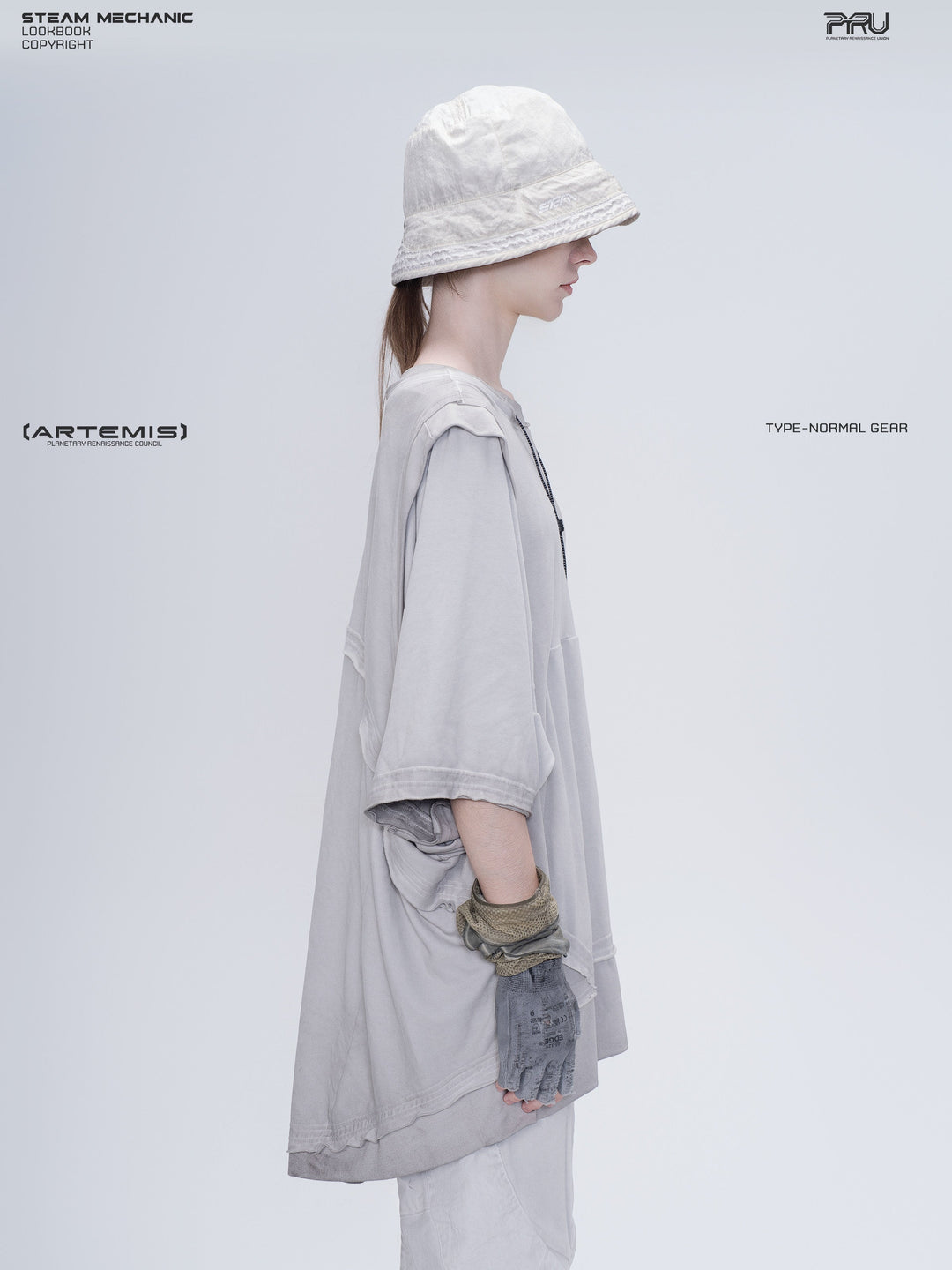 PIONEER eris white distressed nylon bucket hat — right profile modeled view showing the brim logo