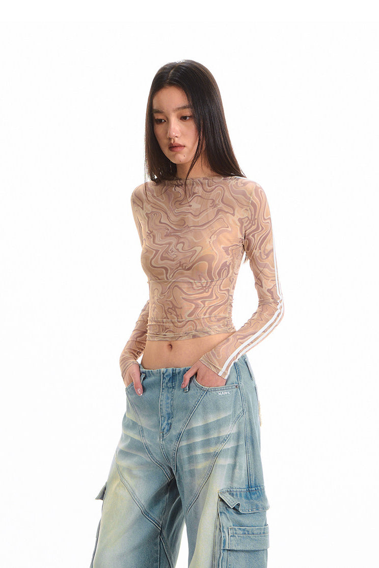 NAWS QUICKSAND striped sheer mesh tee — full-length modeled styling view