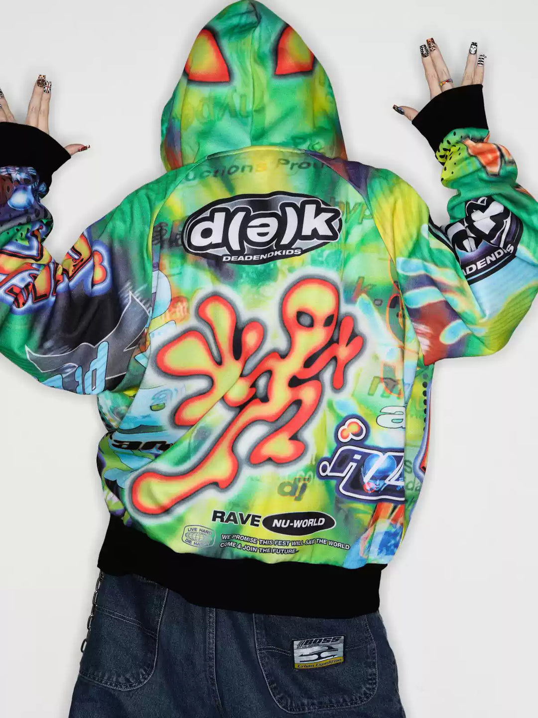 DEADENDKIDS ALIEN INVASION graphic fleece zip hoodie — front product presentation