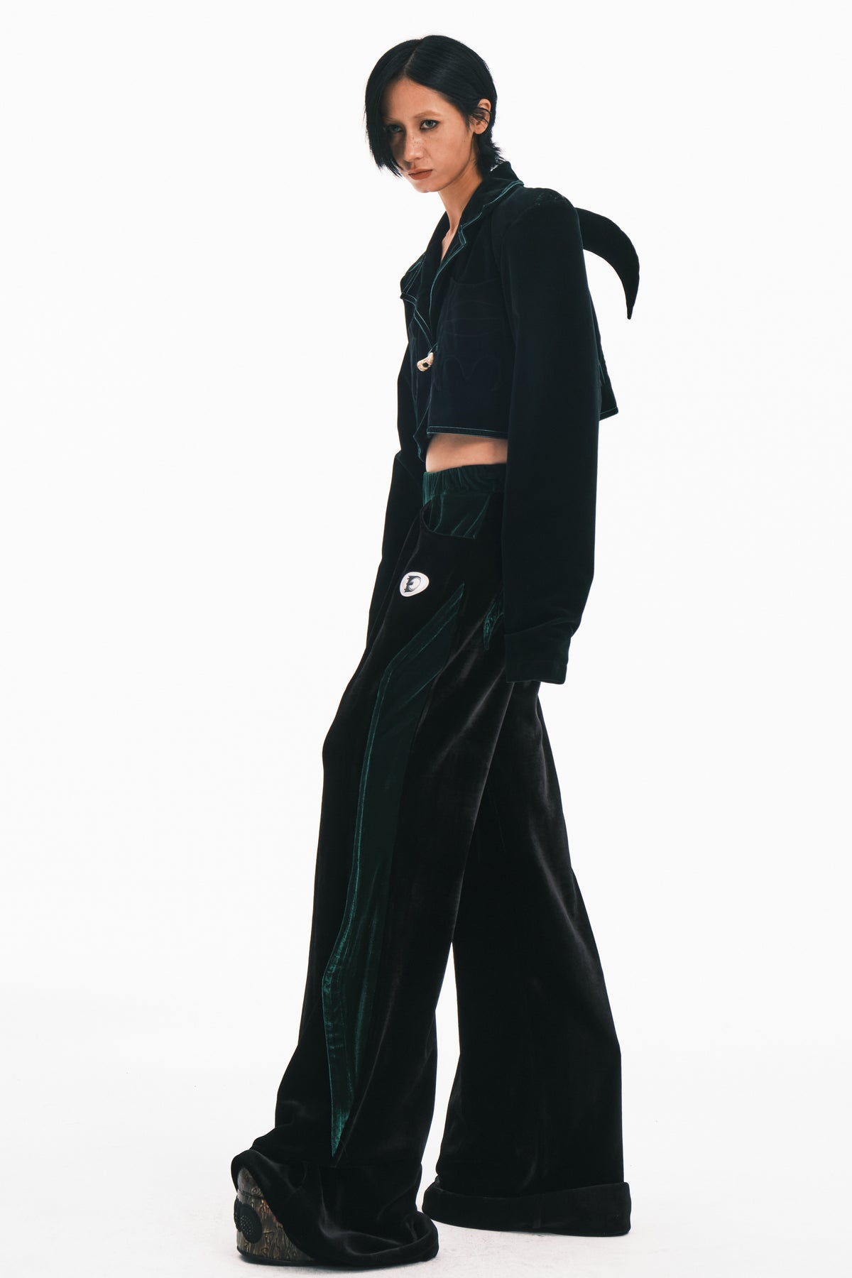 EMBRYO GREEN SPIKE velvet wide-leg pants — additional styled view