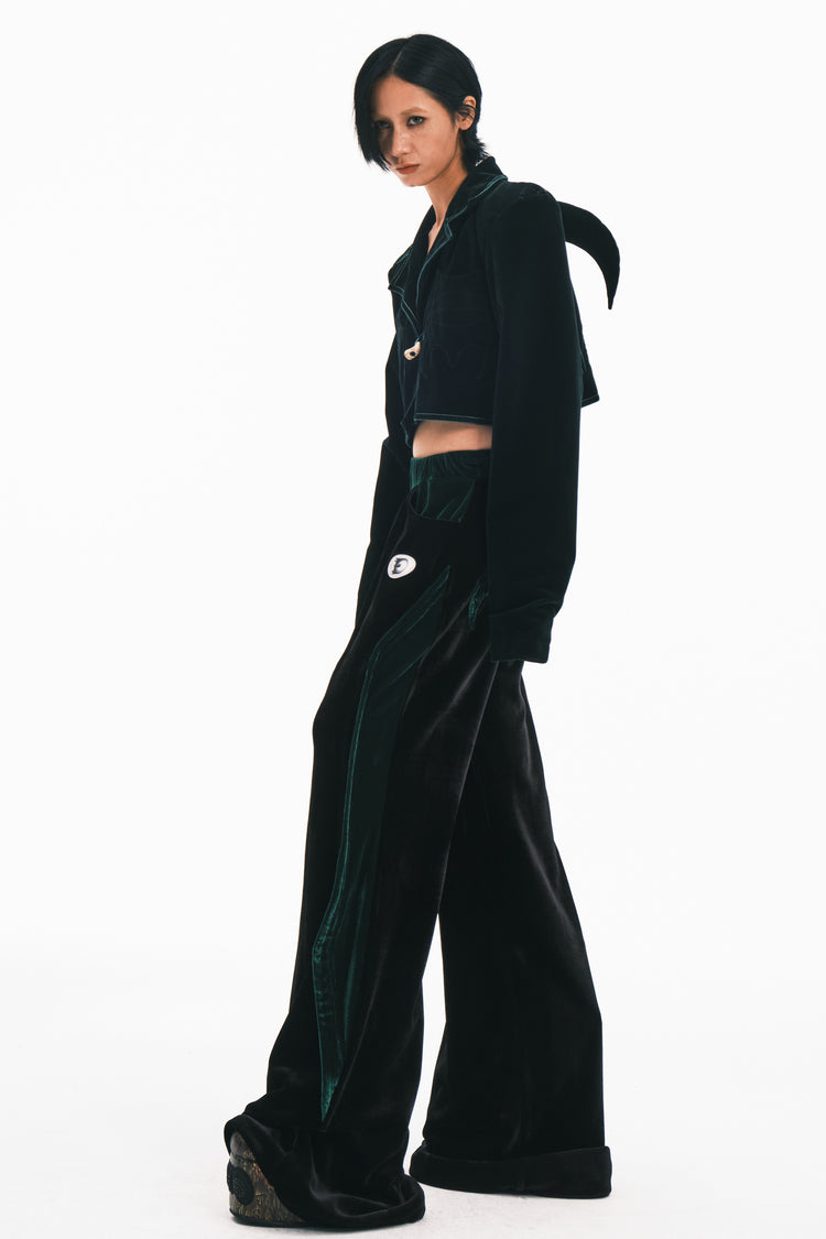 EMBRYO GREEN SPIKE velvet wide-leg pants — additional styled view