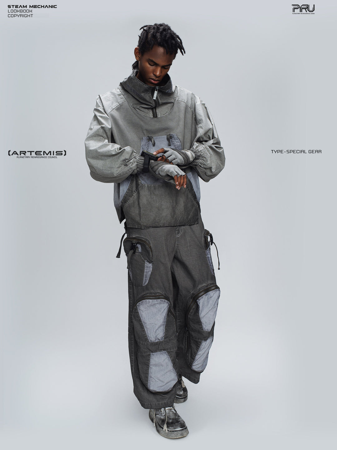PIONEER moon dust gray detachable-pocket utility hoodie — full-length styled view