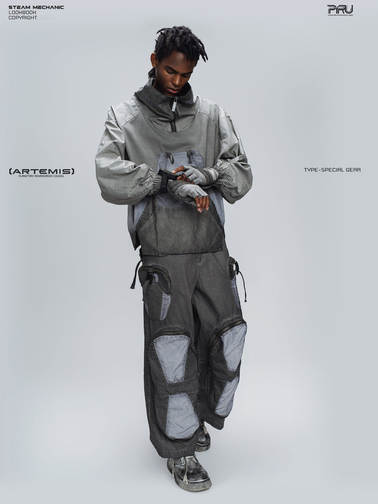 PIONEER moon dust gray detachable-pocket utility hoodie — full-length styled view