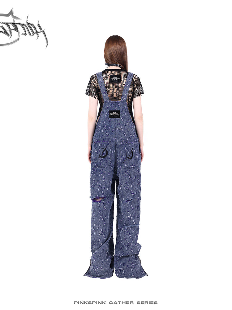 PINKSPINK GEOMETRY open-mesh crop tee in black — rear styling view with purple denim overalls