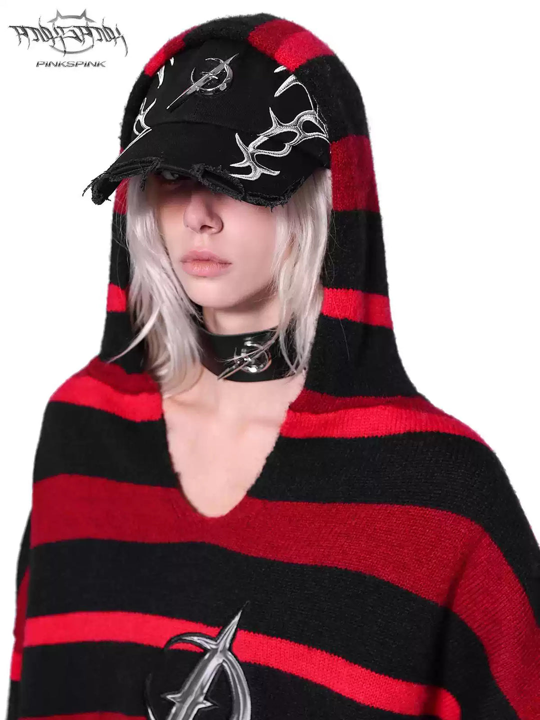 PINKSPINK ELECTRIC MOON black-red racing cap — close modeled view highlighting the construction