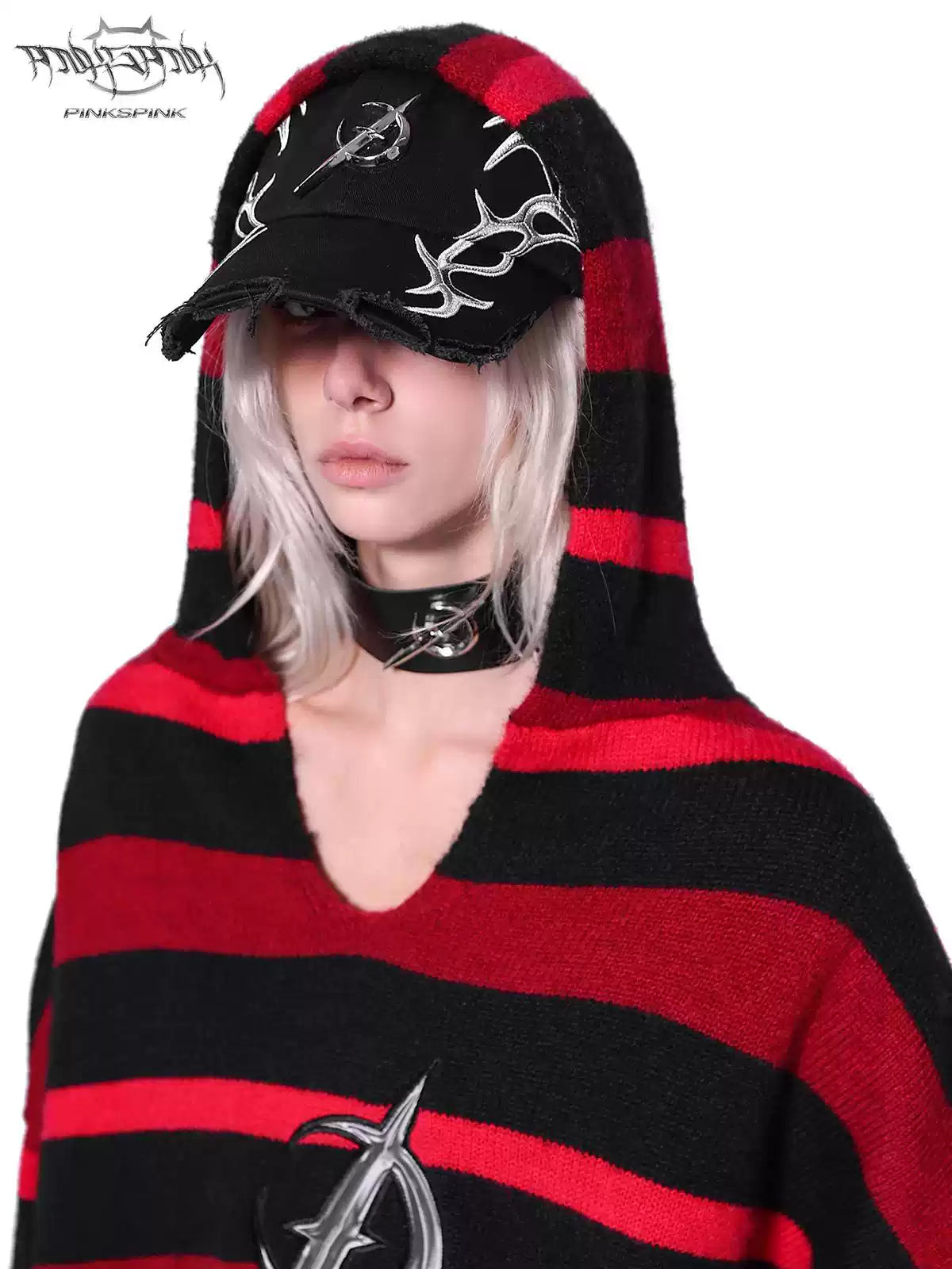 PINKSPINK ELECTRIC MOON black-red racing cap — close modeled view highlighting the construction