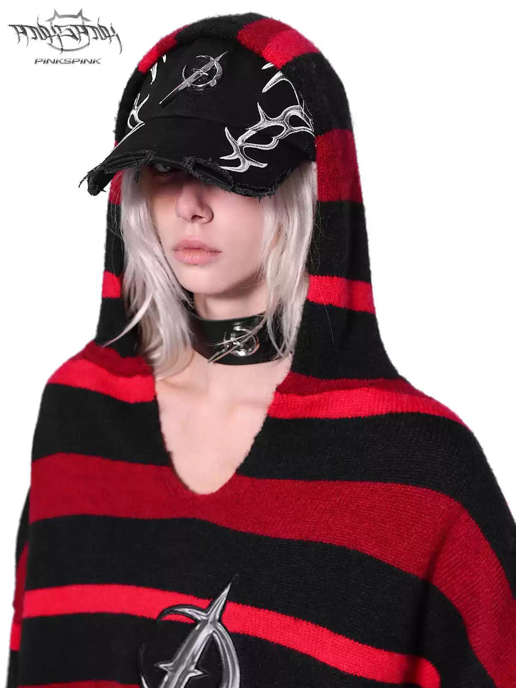 PINKSPINK ELECTRIC MOON black-red racing cap — close modeled view highlighting the construction