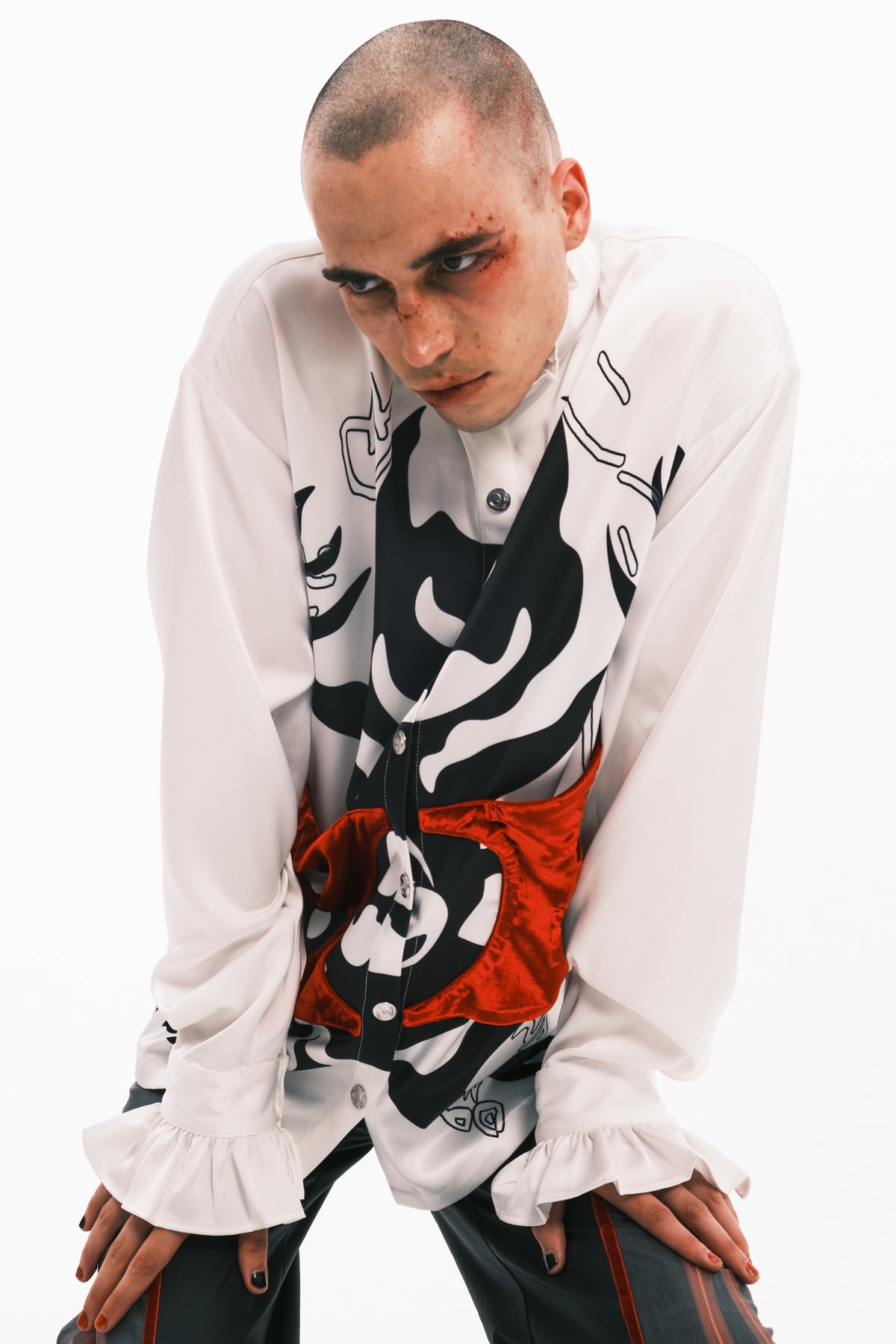 EMBRYO COURT TOTEM velvet-frill mock-neck shirt — full-length modeled view