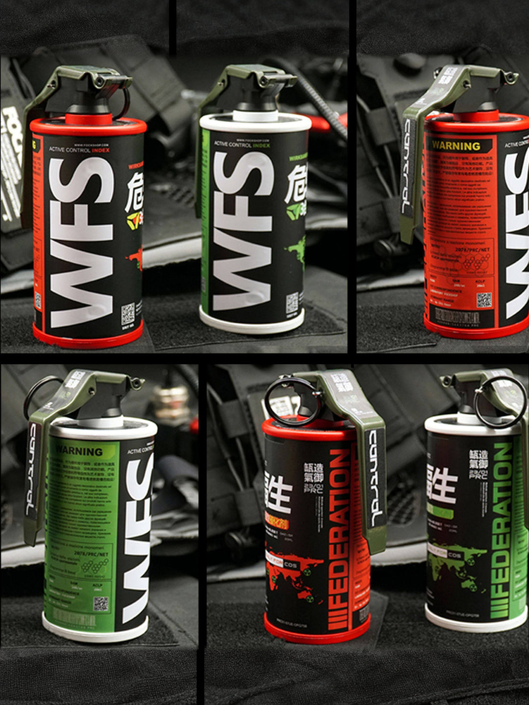 FOCKSHOP REBORN reactor canister prop — six native studio views comparing red and green canister fronts, backs and side lettering