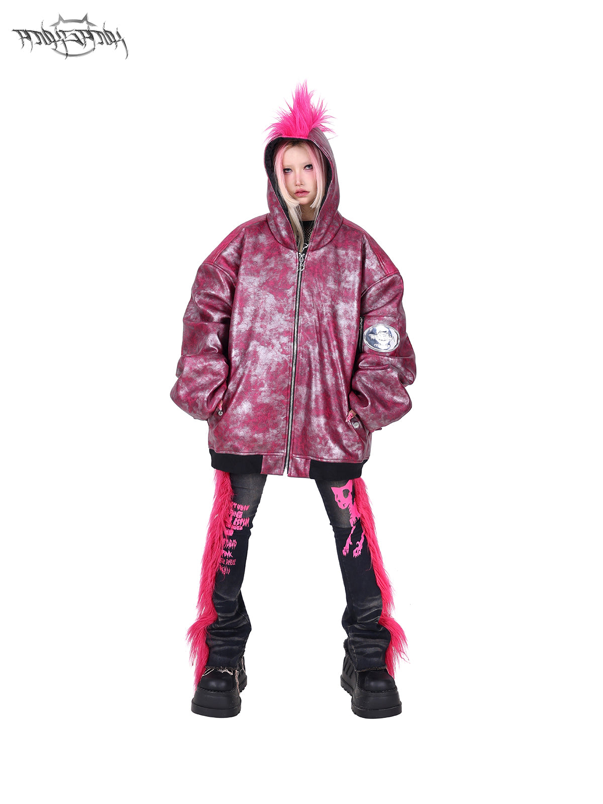 PINKSPINK COCKSCOMB mohawk padded jacket in PINK — front view with hands in pockets.