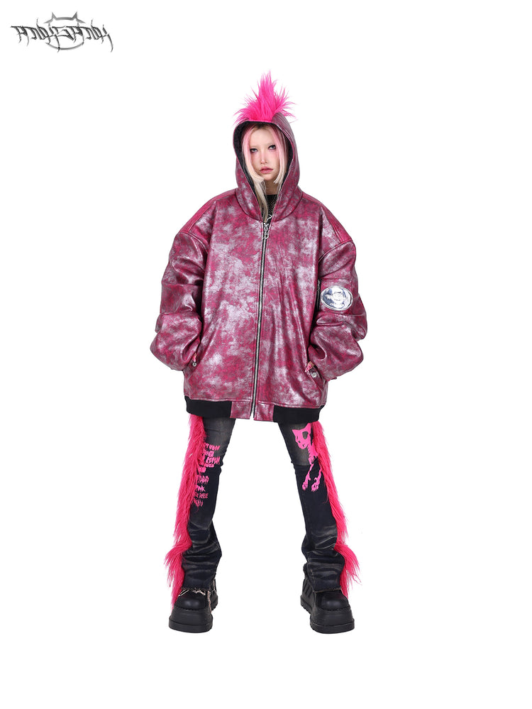 PINKSPINK COCKSCOMB mohawk padded jacket in PINK — front view with hands in pockets.