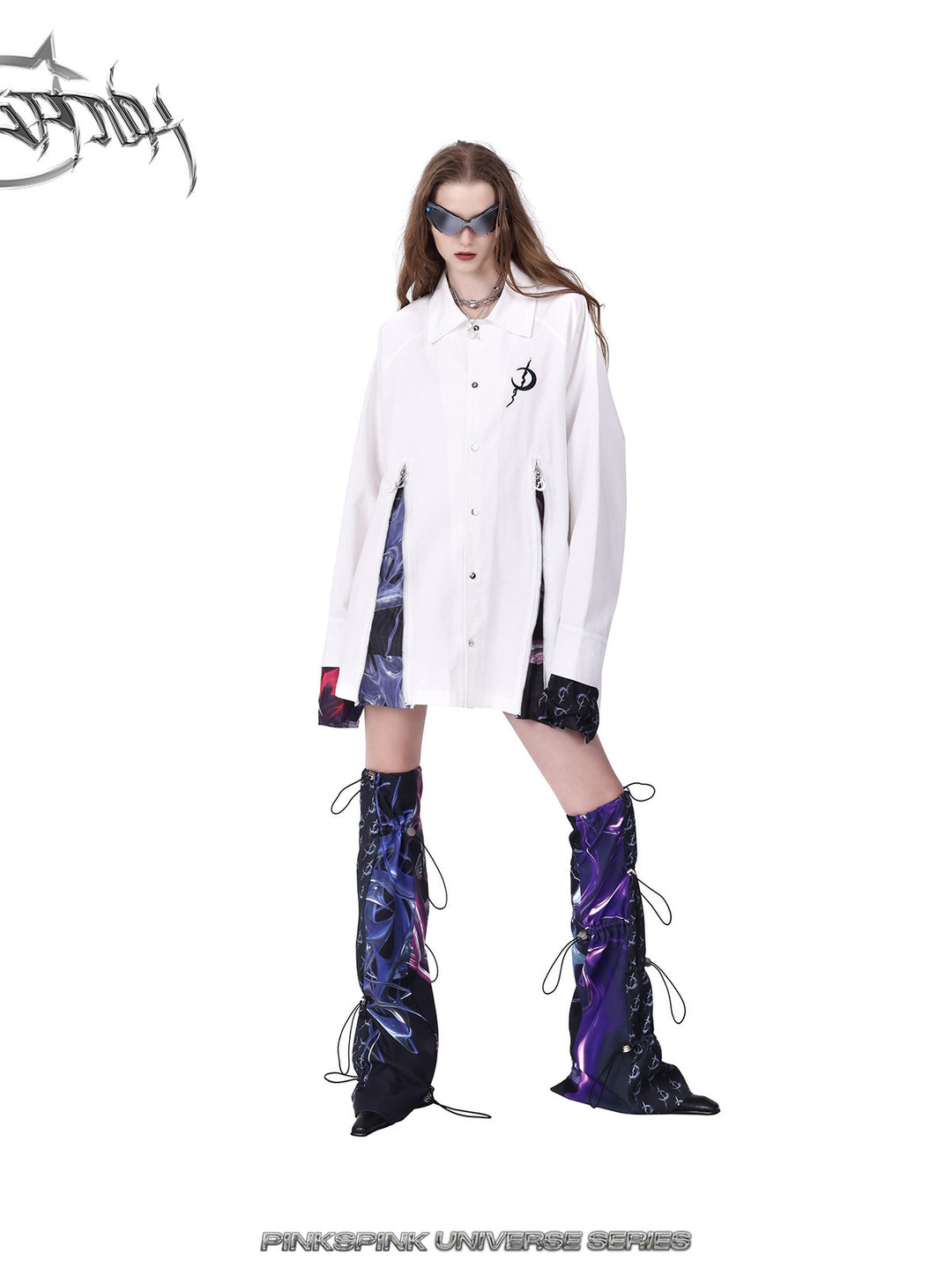 PINKSPINK COSMOS zip-panel white trench coat in white — front full-length modeled view corresponding to the hero photograph