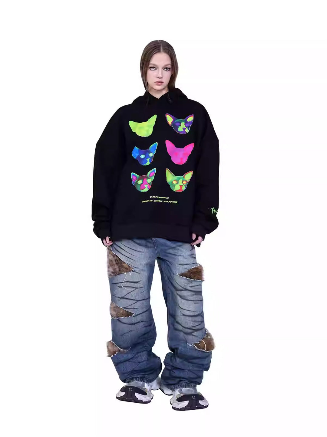 LEOPARD FUR LAYERED LOW-WAIST DENIM