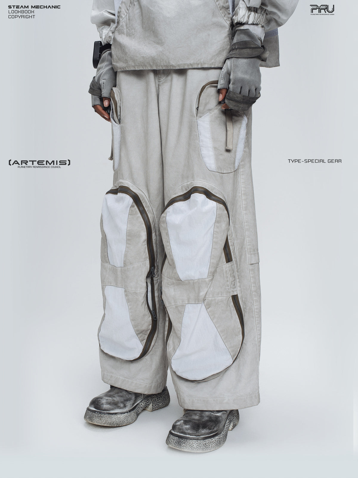PIONEER eris white welded multi-pocket work pants — side modeled view