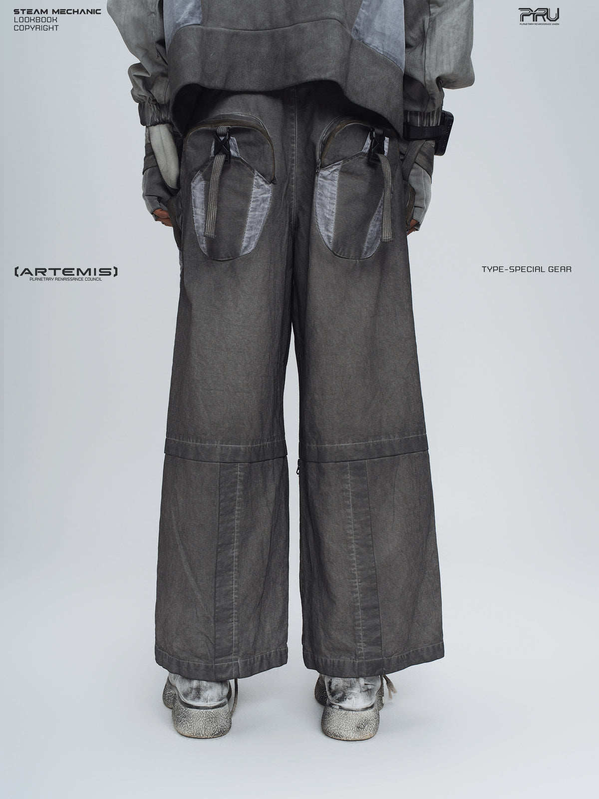PIONEER moon dust gray welded multi-pocket work pants — rear modeled view