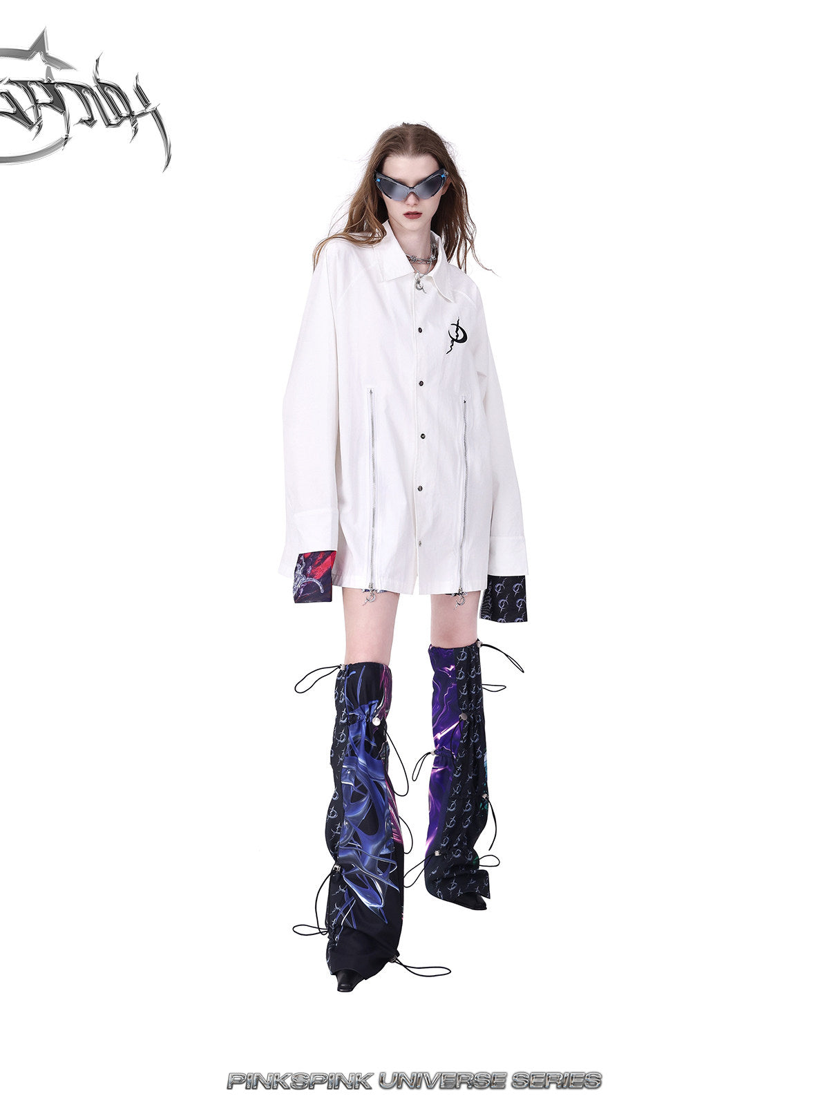 PINKSPINK COSMOS zip-panel white trench coat in white — angled front modeled view with the zip panels closed