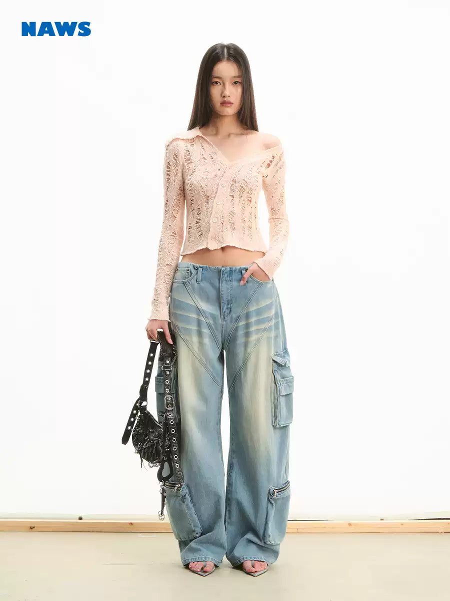 NAWS NOMAD asymmetric cutout knit cardigan — modeled front styling view