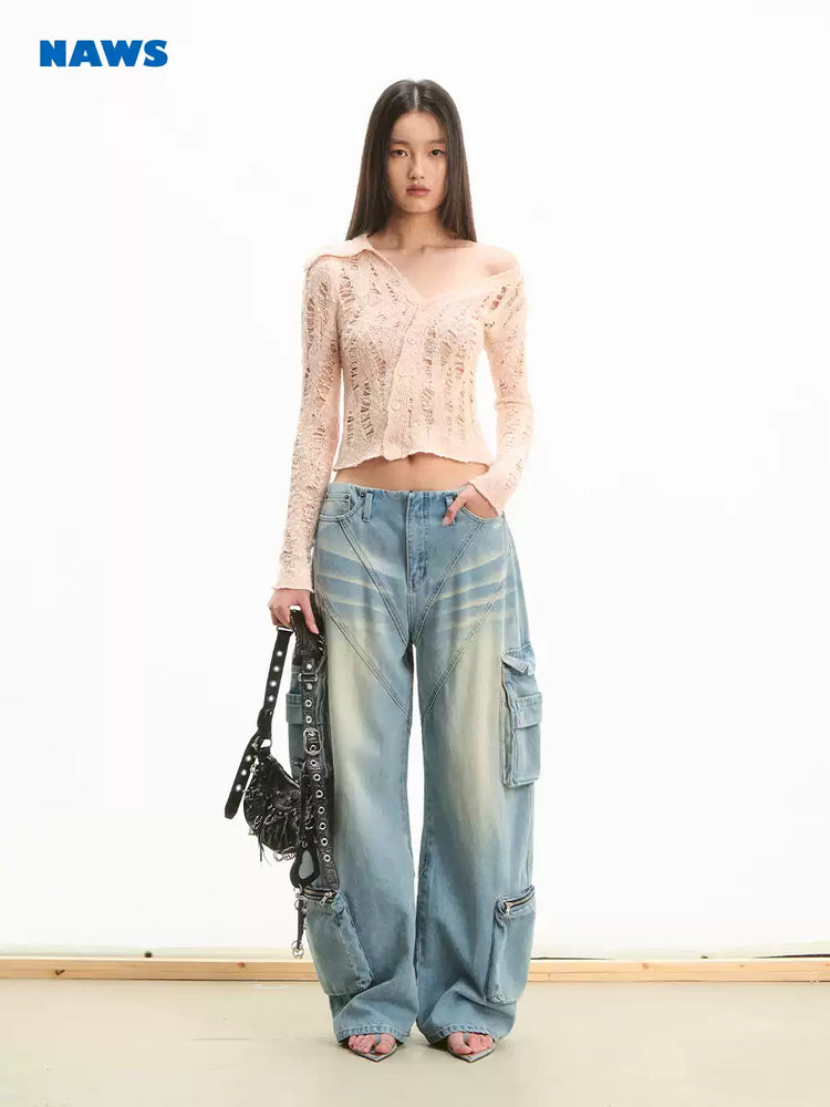 NAWS NOMAD asymmetric cutout knit cardigan — modeled front styling view