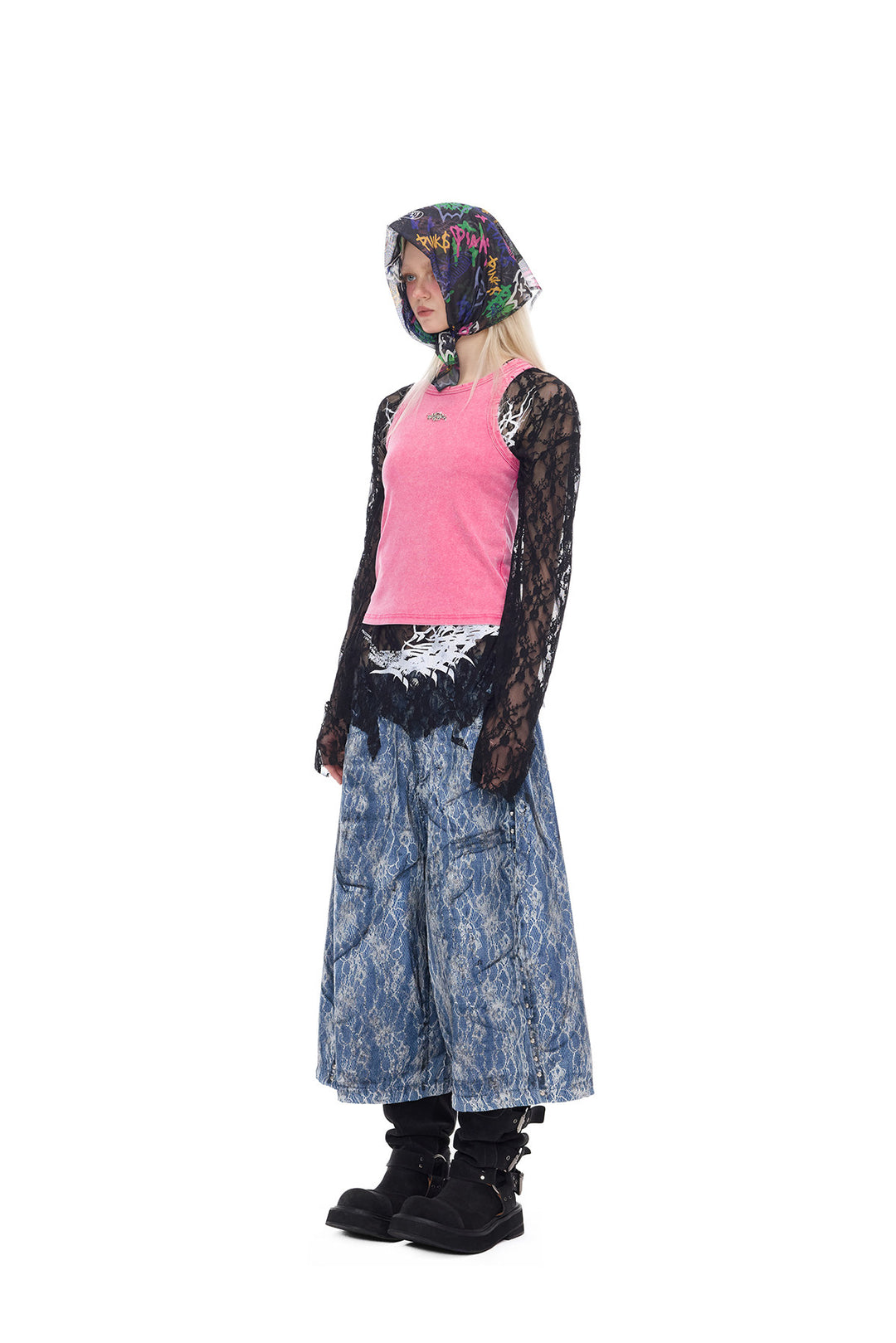 PINKSPINK ELECTRIC MOON lace-coated wide-leg denim shorts in blue — full-length angled modeled view with black lace layers and a head scarf