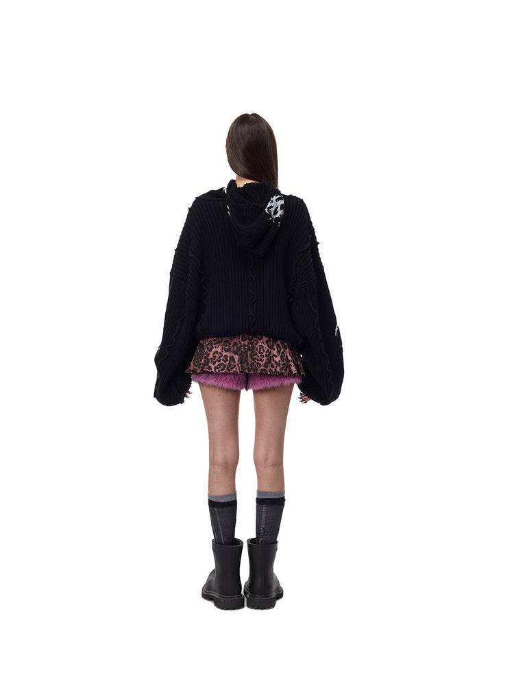 PINKSPINK THORN SIGNAL hooded graphic knit sweater — back full-length view with hood lowered