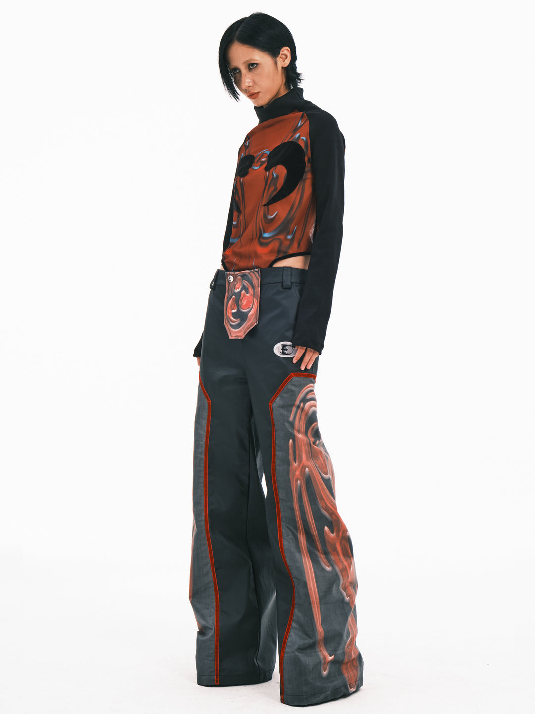 EMBRYO RED TOTEM coated wide-leg pants — rear or construction presentation