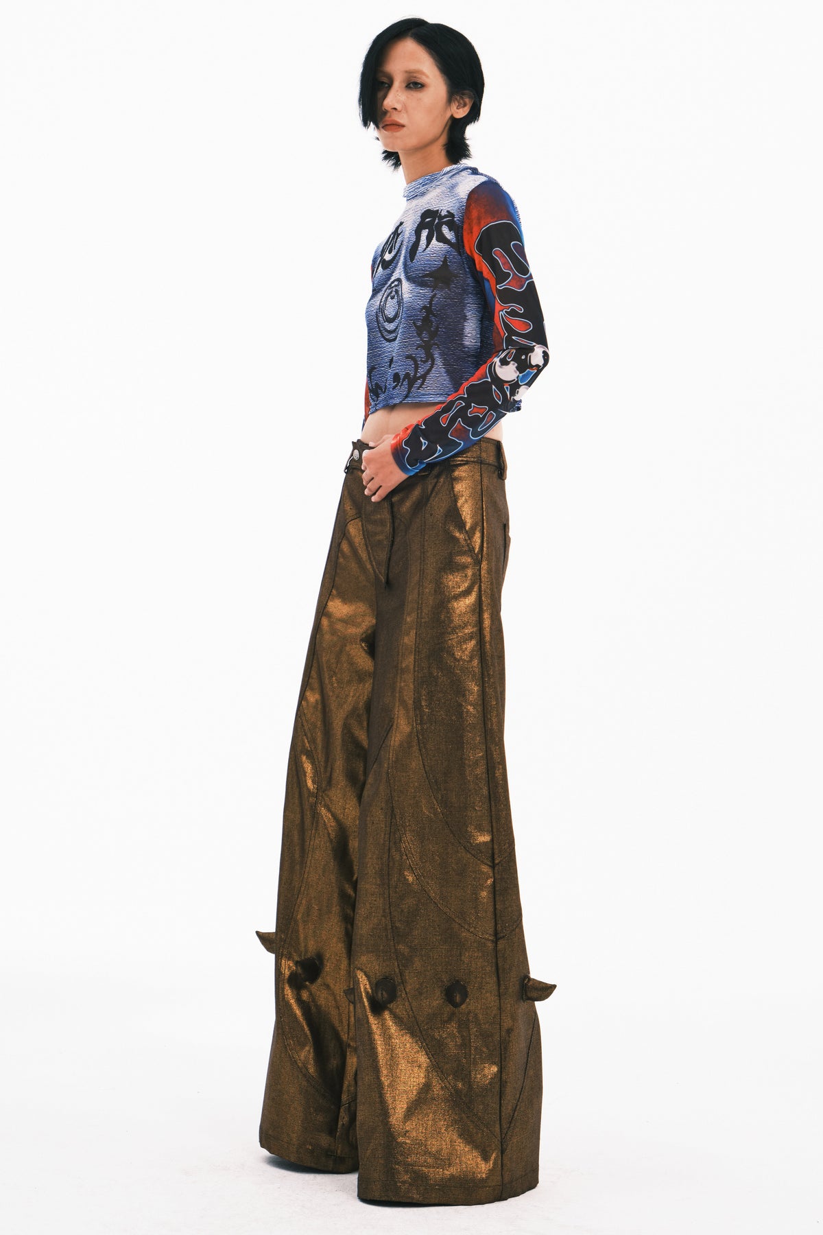 EMBRYO GOLD SPIKE metallic wide-leg pants — rear modeled view