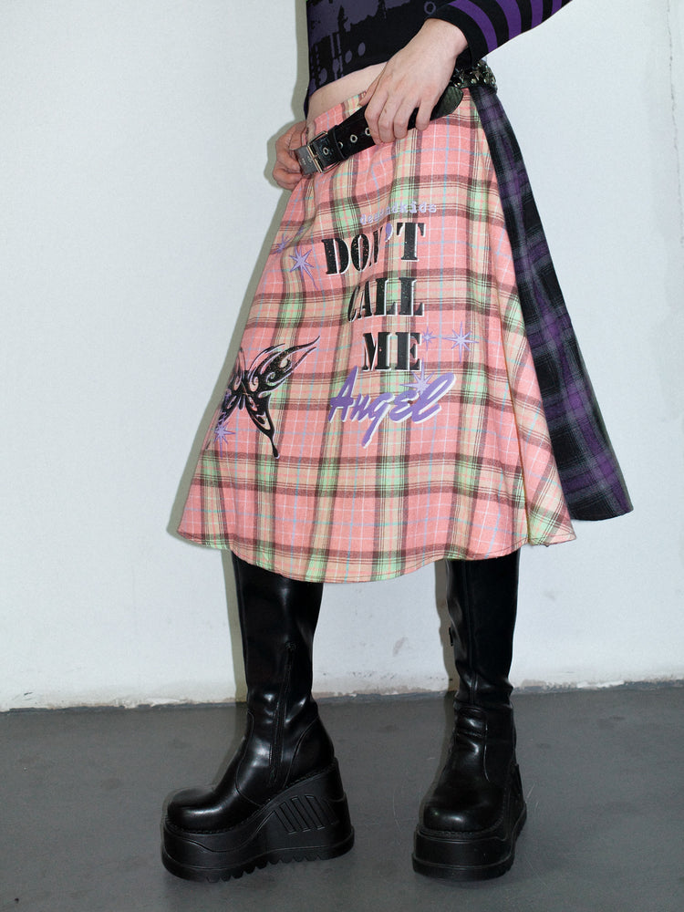 DeadEndKids BadGals Club double-sided plaid A-line skirt — pink-purple alternate front view