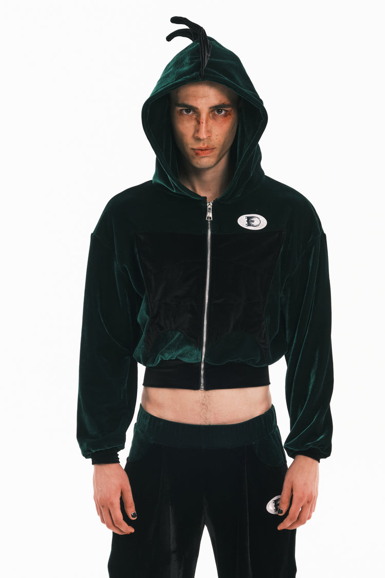 EMBRYO GREEN SPIKE cropped velvet hoodie — additional product detail view