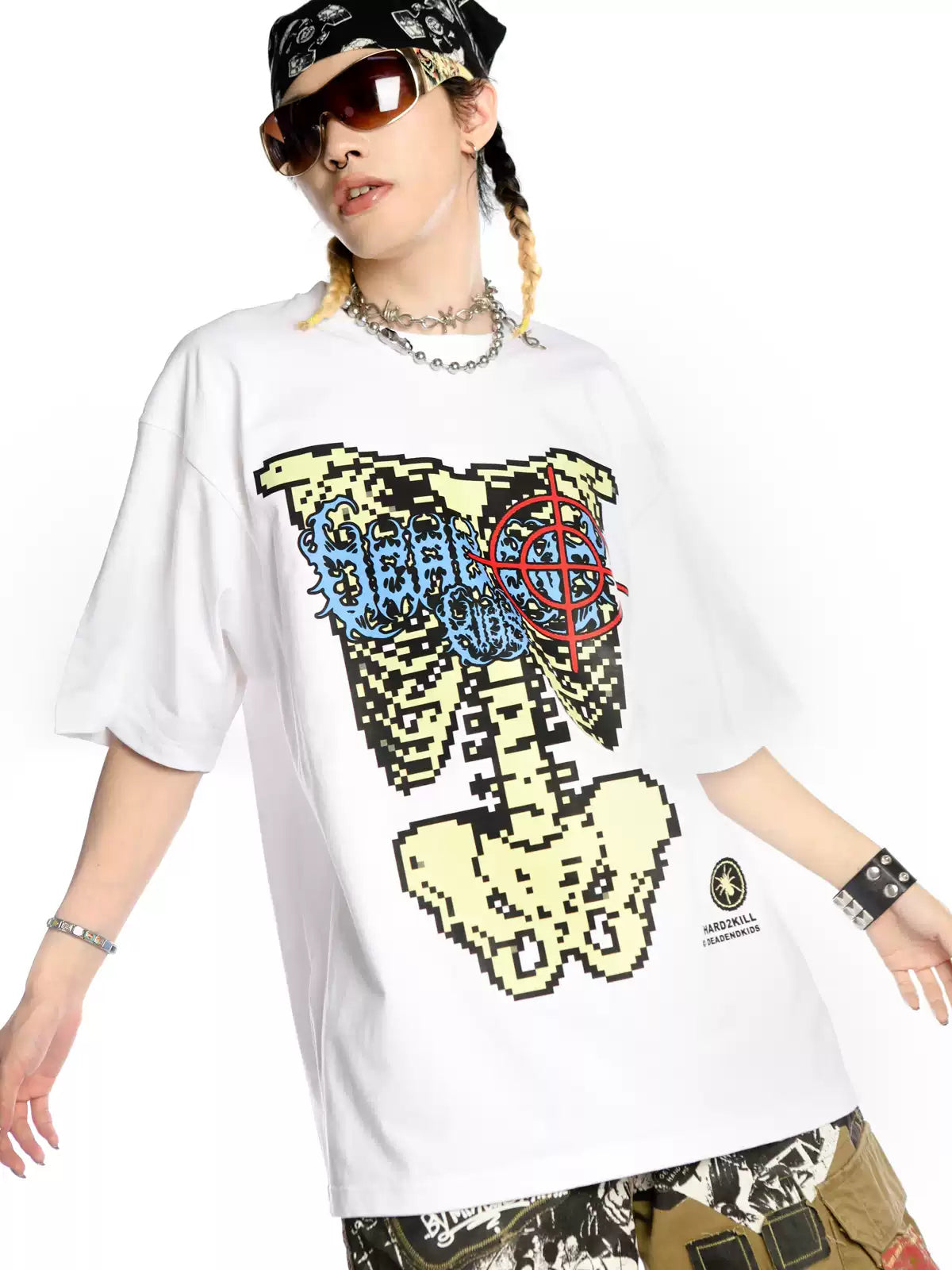 DEADENDKIDS SKELETON RIOT oversized graphic tee — alternate styled presentation
