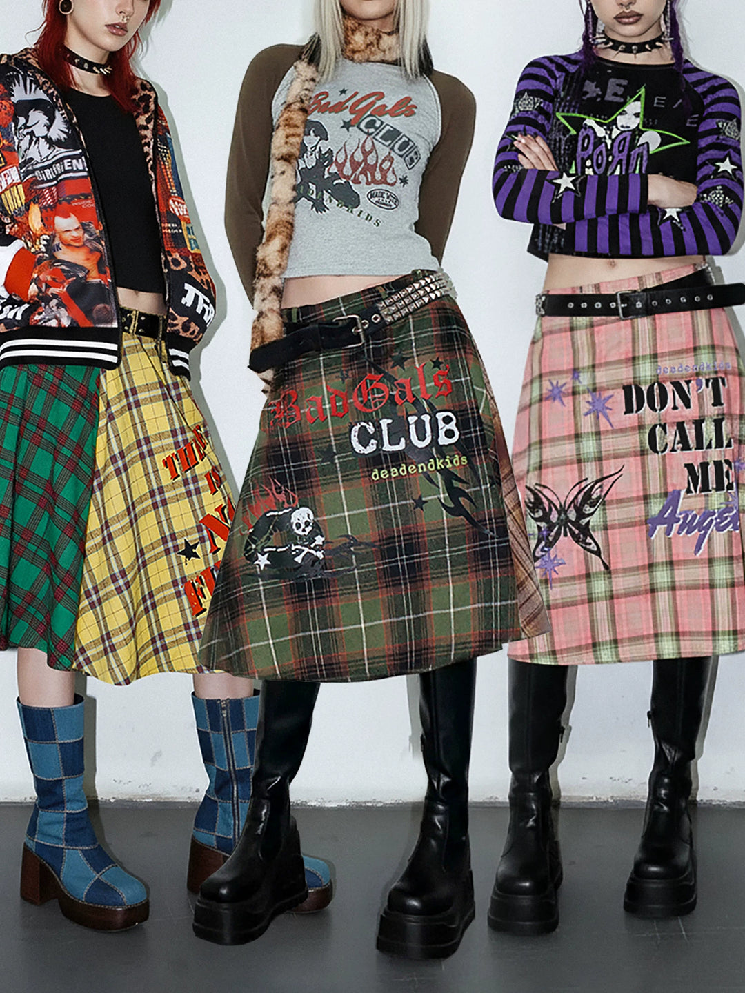 DeadEndKids BadGals Club double-sided plaid A-line skirt — three-color styled gallery overview